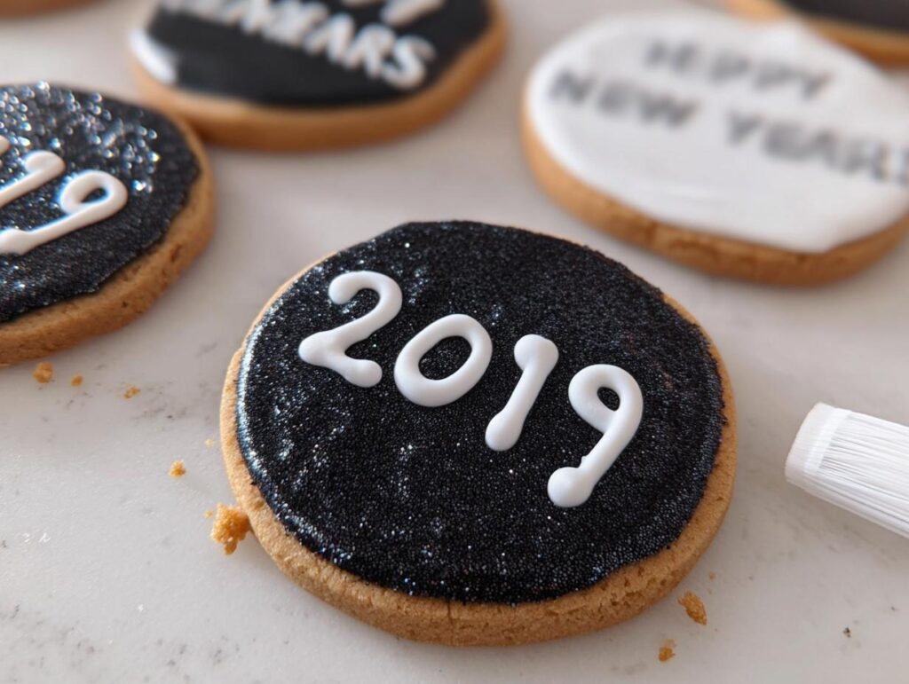 Close-up of a sparkly black iced sugar cookie decorated with white royal icing to show the year '2019' as one of the New Year’s Eve cookies.