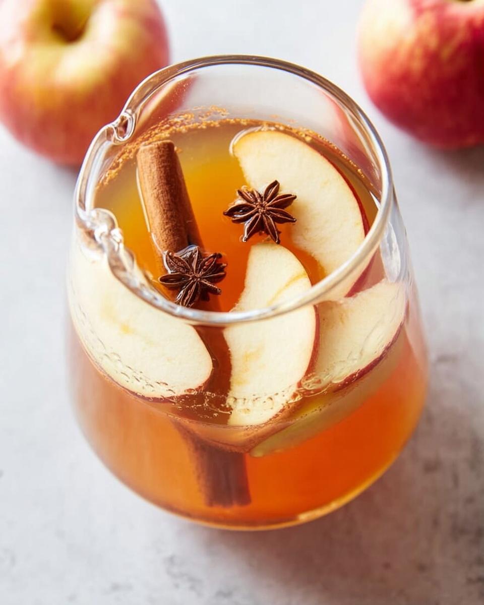A pitcher of spiced apple cider, a perfect addition to 5-Ingredient Thanksgiving Drinks, garnished with apple slices, cinnamon sticks, and star anise.