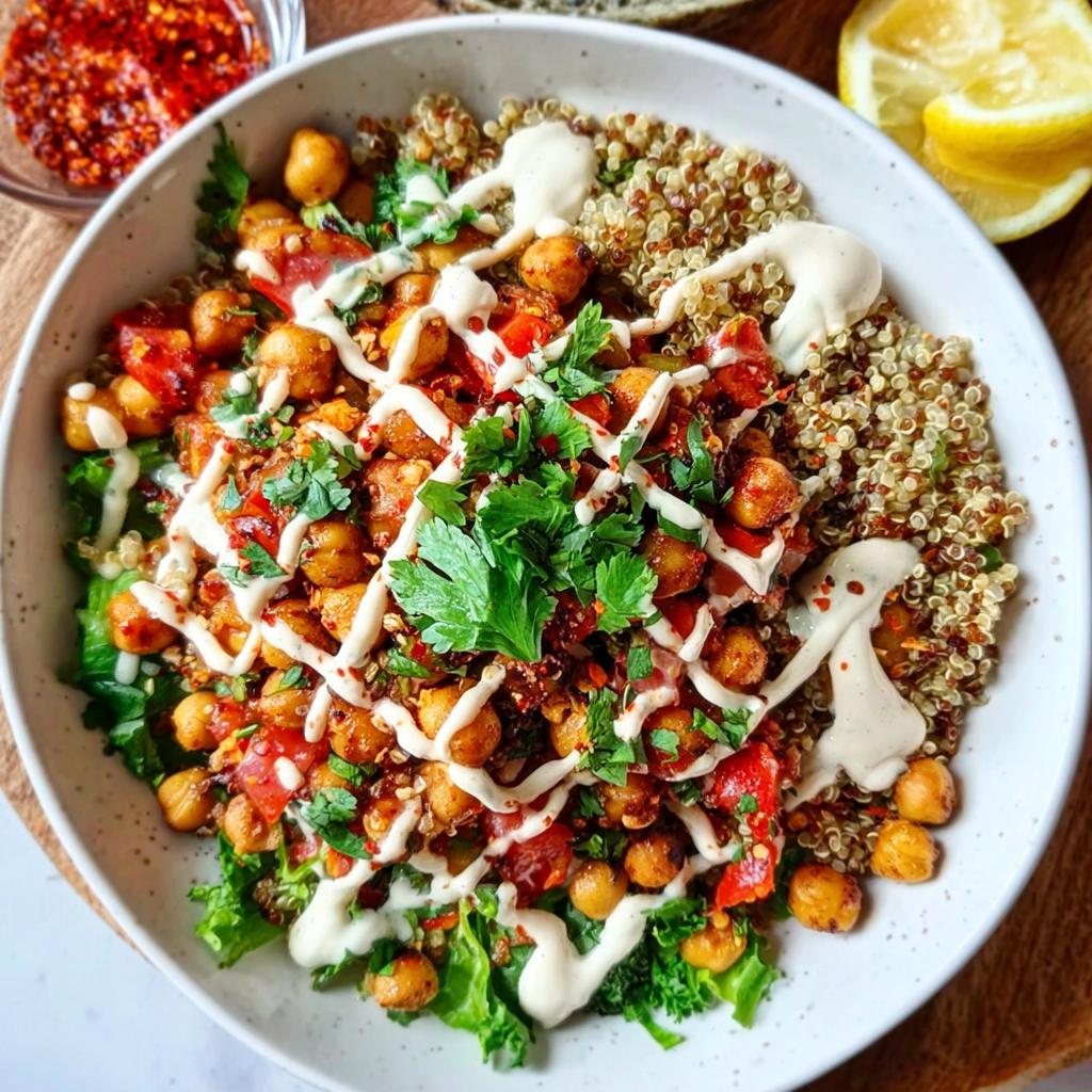 A vibrant bowl featuring seasoned Spicy Chickpea Bowls over greens, quinoa, drizzled with white sauce, and topped with fresh parsley.
