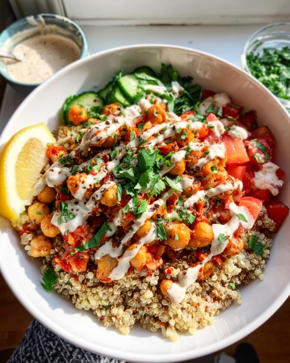 A vibrant bowl featuring quinoa topped with spicy chickpeas, tomatoes, cucumbers, and a generous tahini drizzle, perfect for Spicy Chickpea Bowls.