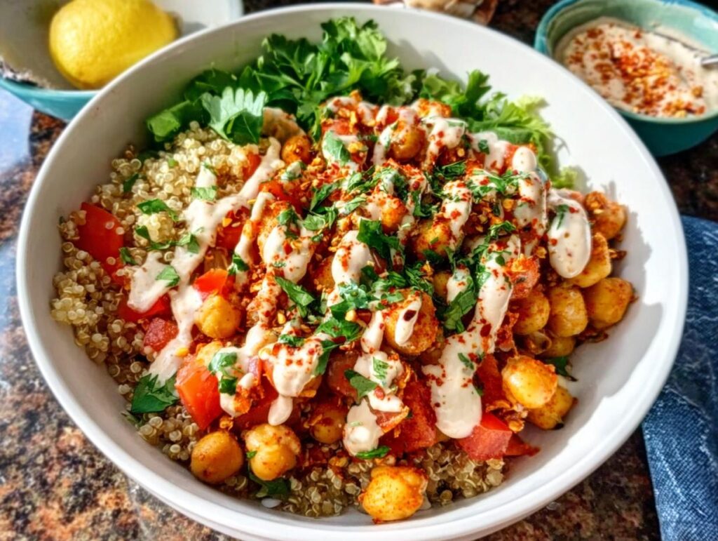A vibrant bowl featuring spiced chickpeas, quinoa, tomatoes, and fresh herbs, drizzled with a creamy sauce, perfect for Spicy Chickpea Bowls.
