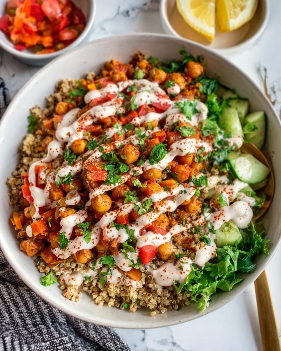 A vibrant bowl featuring quinoa topped with spicy chickpeas, fresh cucumber, lettuce, and a generous drizzle of white sauce.