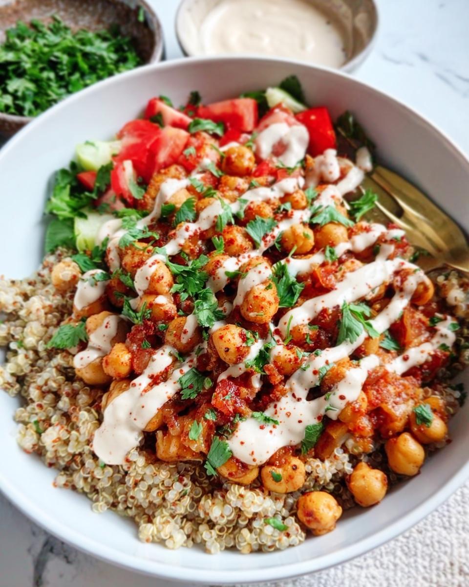 A vibrant bowl featuring Spicy Chickpea Bowls served over a bed of fluffy quinoa, topped with fresh vegetables and a creamy sauce.