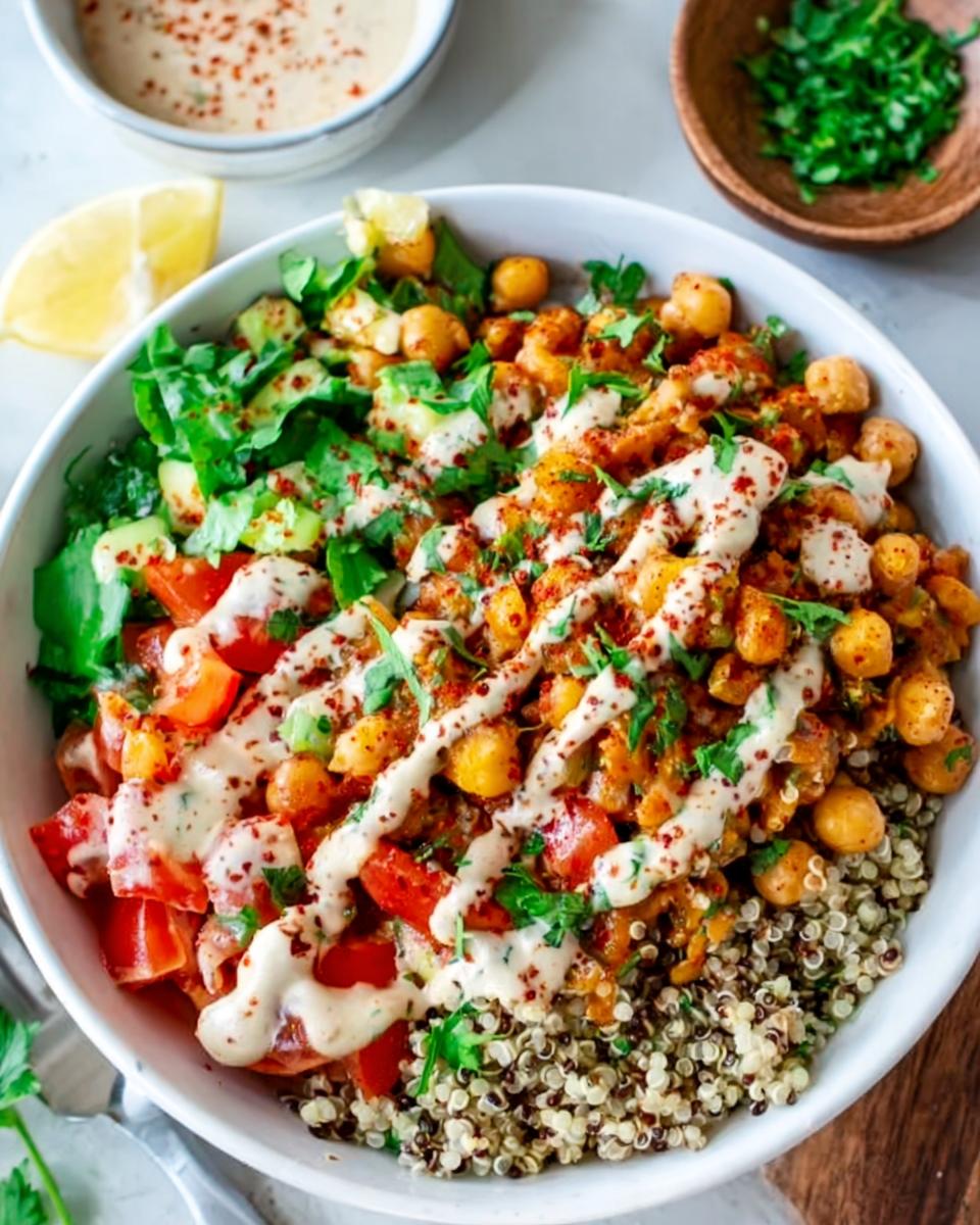 Close-up of a Spicy Chickpea Bowls featuring seasoned chickpeas, quinoa, fresh greens, tomatoes, and a creamy tahini drizzle.