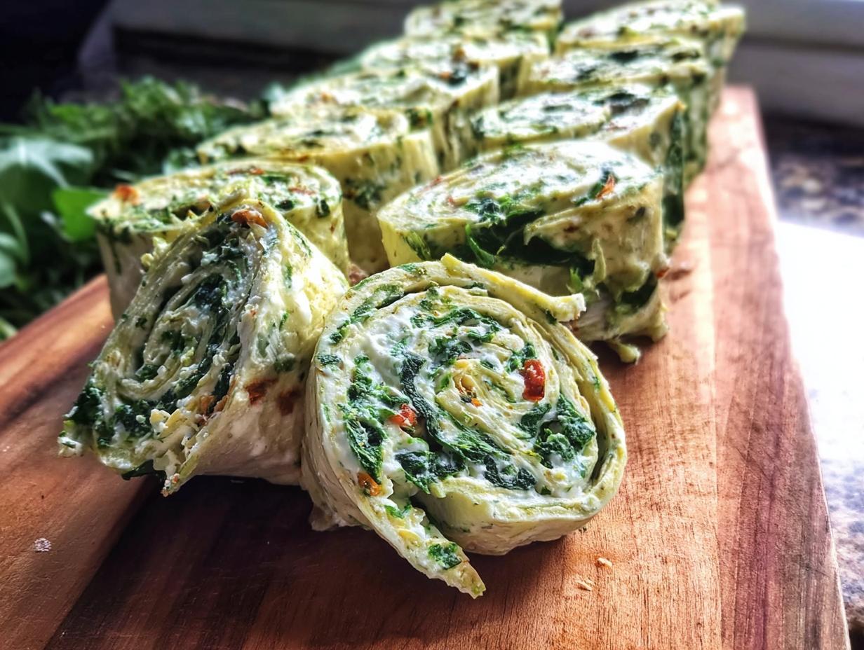 A close-up of freshly sliced Spinach Dip Pinwheels arranged on a wooden cutting board, showing the creamy spinach filling swirl.
