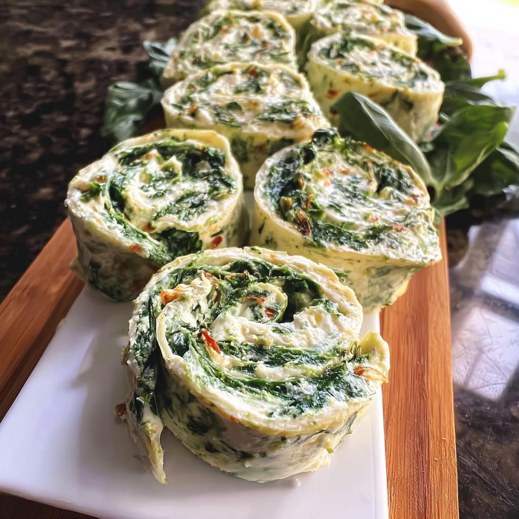 Close-up of several sliced Spinach Dip Pinwheels showing the creamy white filling swirled with bright green spinach.