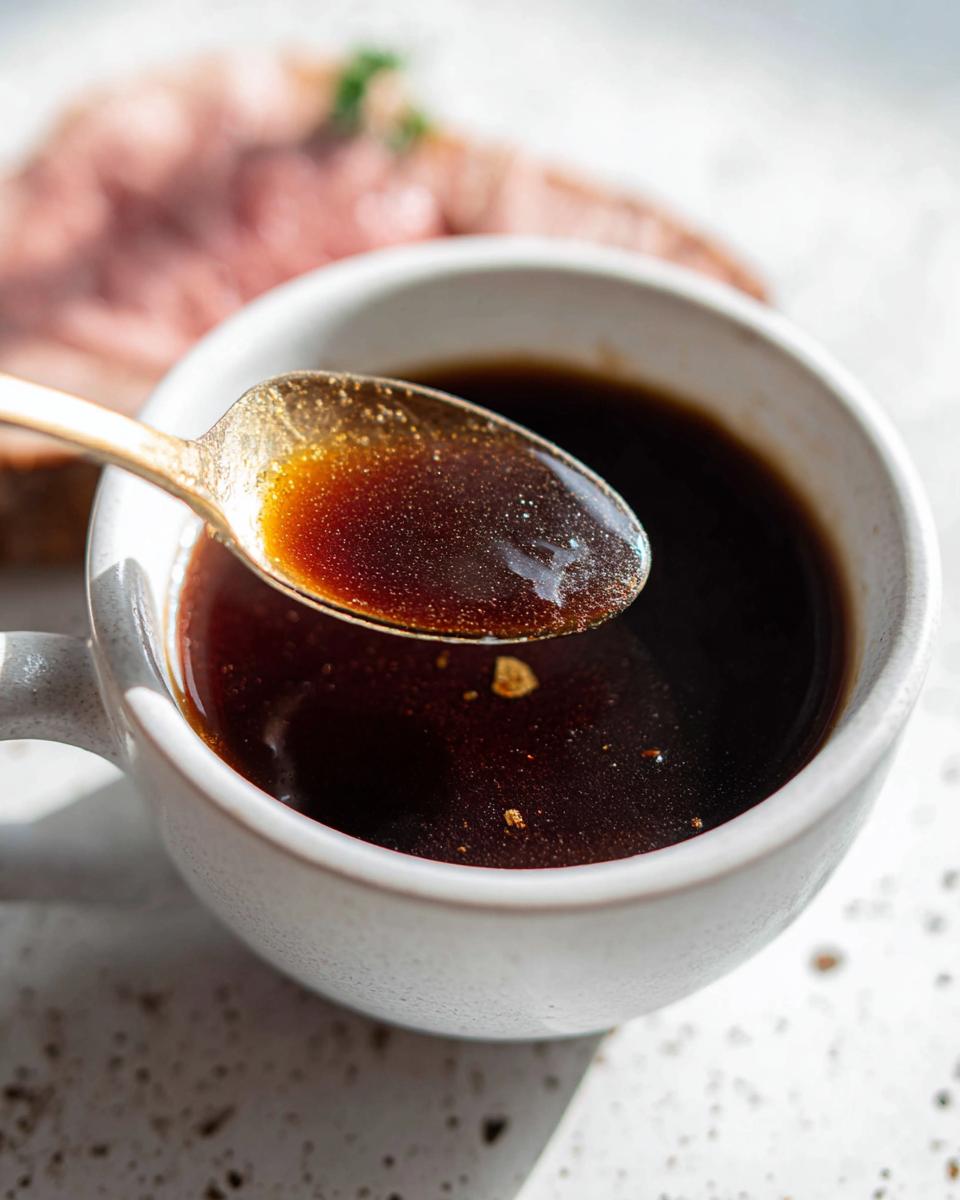 Close-up of a golden spoon lifting rich, dark Prime Rib Au Jus Recipe liquid from a white mug.