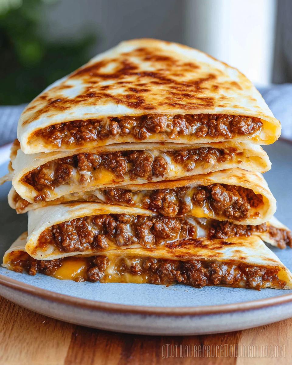 A tall stack of golden-brown Cheesy Beef Quesadillas, cut into triangles and oozing with melted cheese and seasoned ground beef.