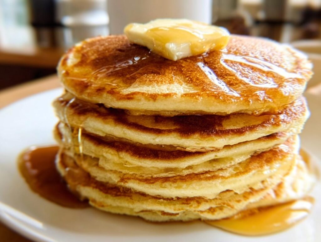 A tall stack of fluffy pancakes topped with butter and syrup, a perfect example of 5-Ingredient Breakfast Ideas.