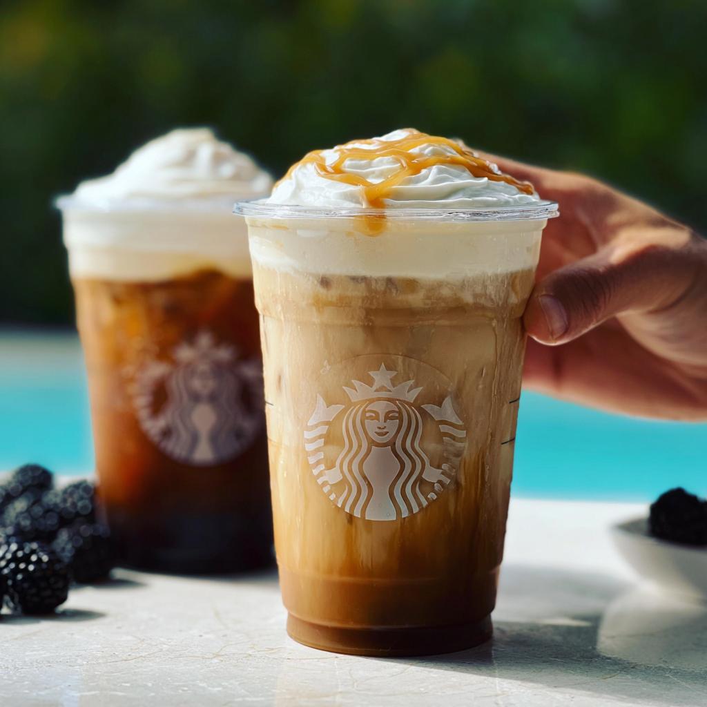 Close-up of a caramel macchiato from Starbucks, topped with whipped cream and caramel drizzle, with another drink and blackberries in the background.