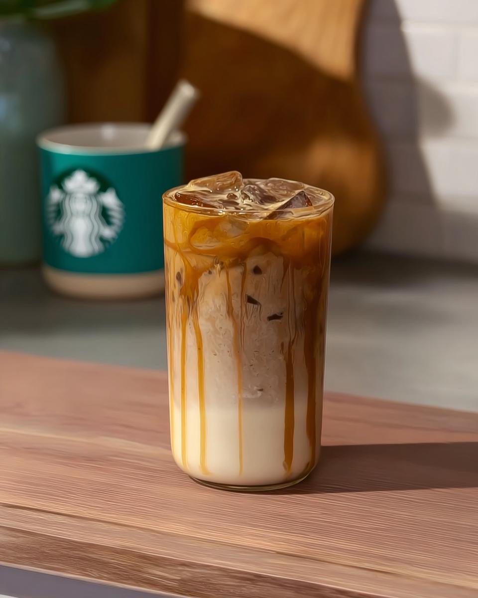 A tall glass of iced caramel macchiato, a popular Starbucks drinks recipe, with caramel drizzle and ice.