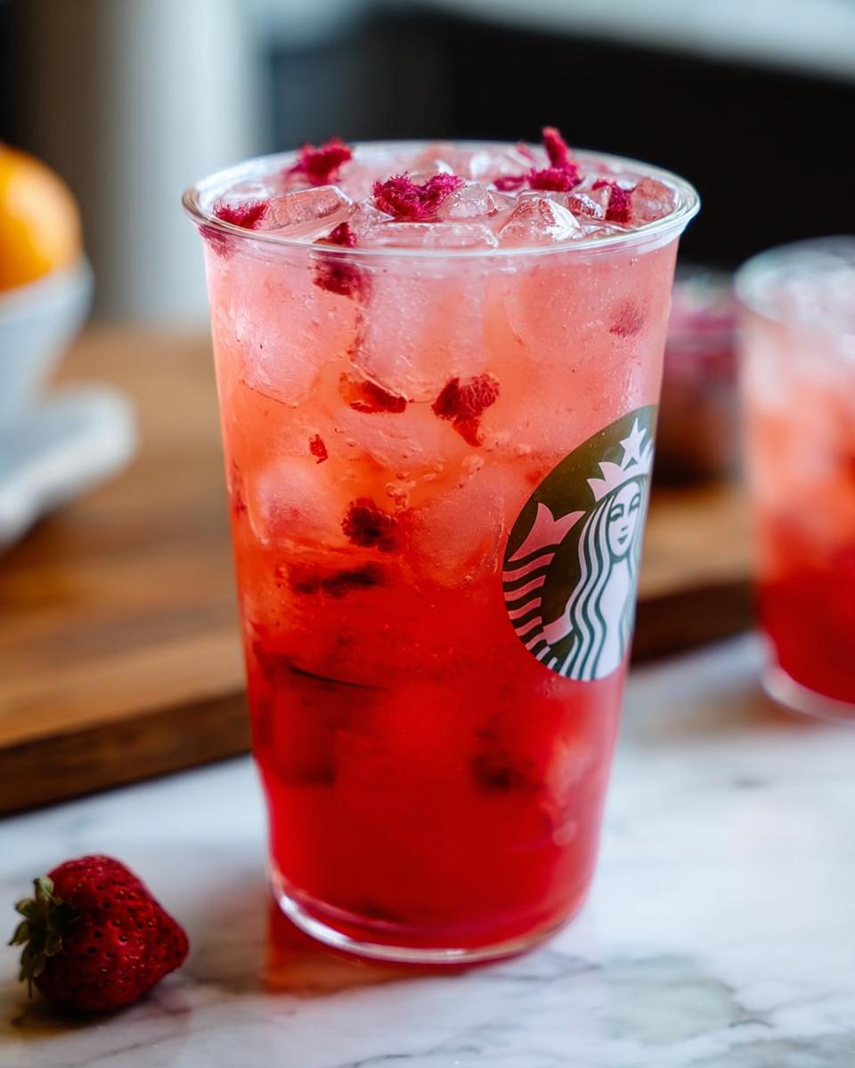 Close-up of a refreshing strawberry Starbucks drink at home, topped with ice and flower petals.