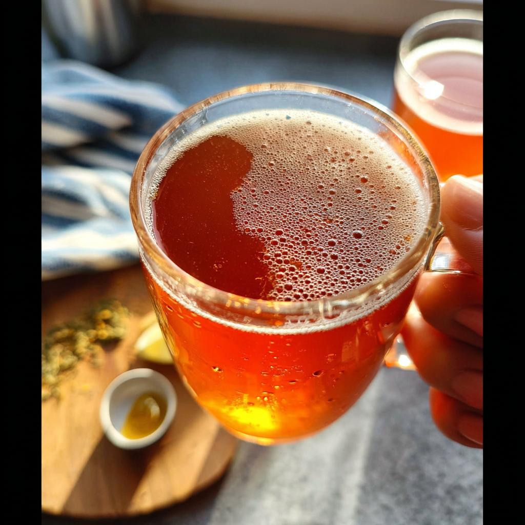 Close-up of a bubbly, amber-colored Starbucks drink in a glass mug, perfect for busy weeknights.
