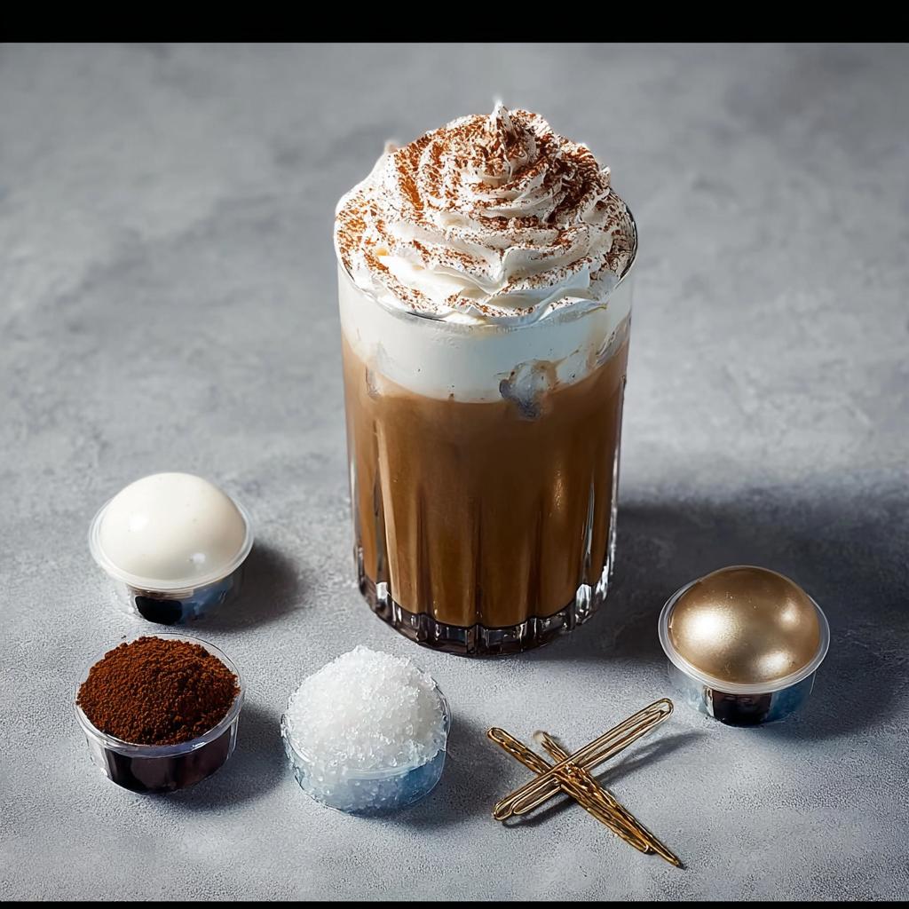A tall iced coffee drink with whipped cream and cocoa powder, surrounded by small containers of coffee grounds, sugar, and cream, part of the Ultimate Starbucks Drinks Guide.