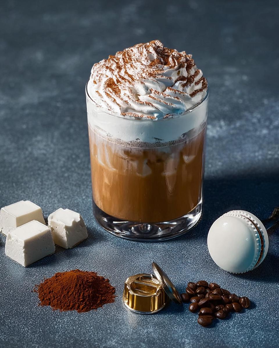 Close-up of a Starbucks iced coffee with whipped cream and cinnamon, surrounded by coffee beans and sugar cubes.