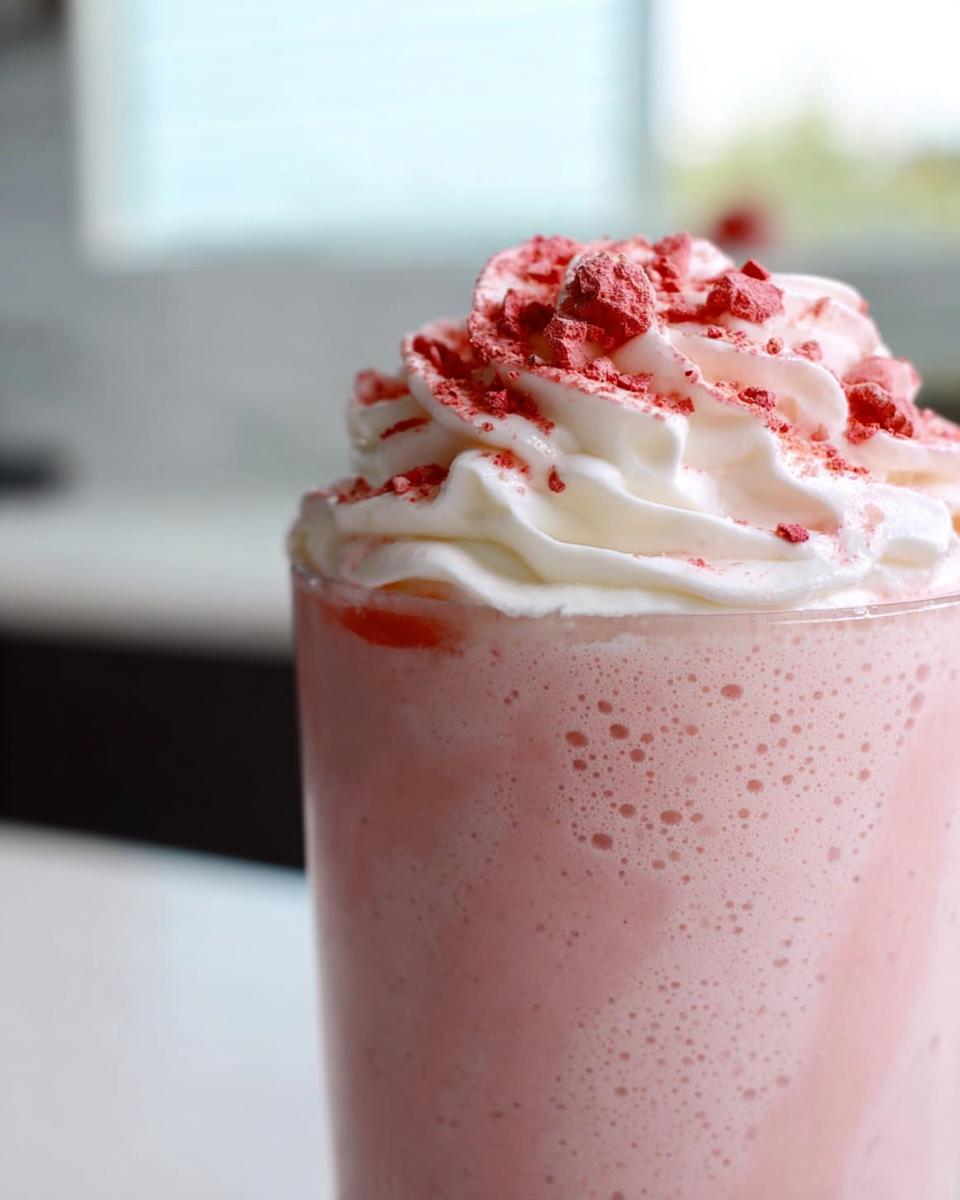 Close-up of a pink strawberry Starbucks drink topped with whipped cream and red sprinkles.