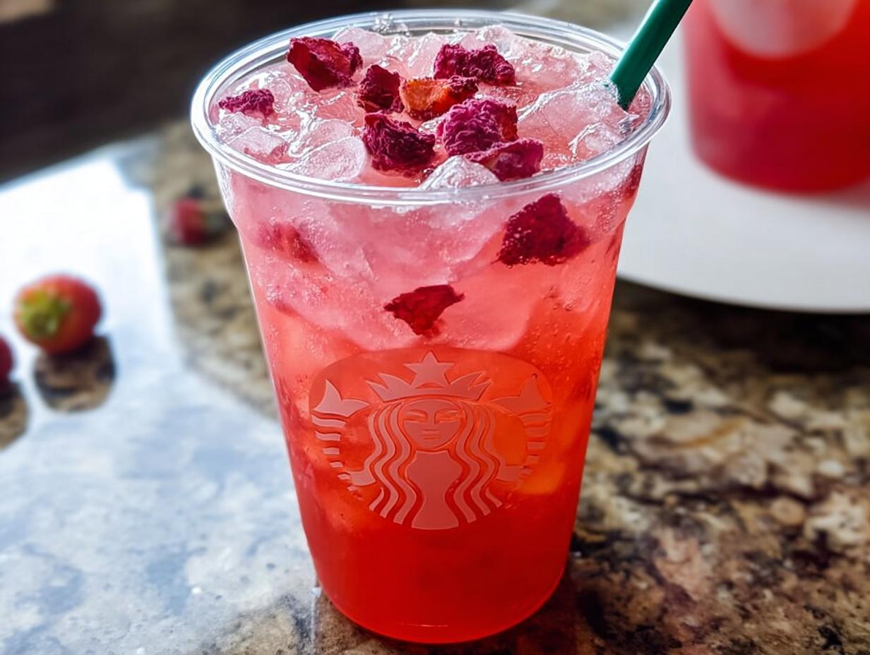 A refreshing pink restaurant-style Starbucks drink at home, filled with ice, strawberries, and topped with dried fruit.