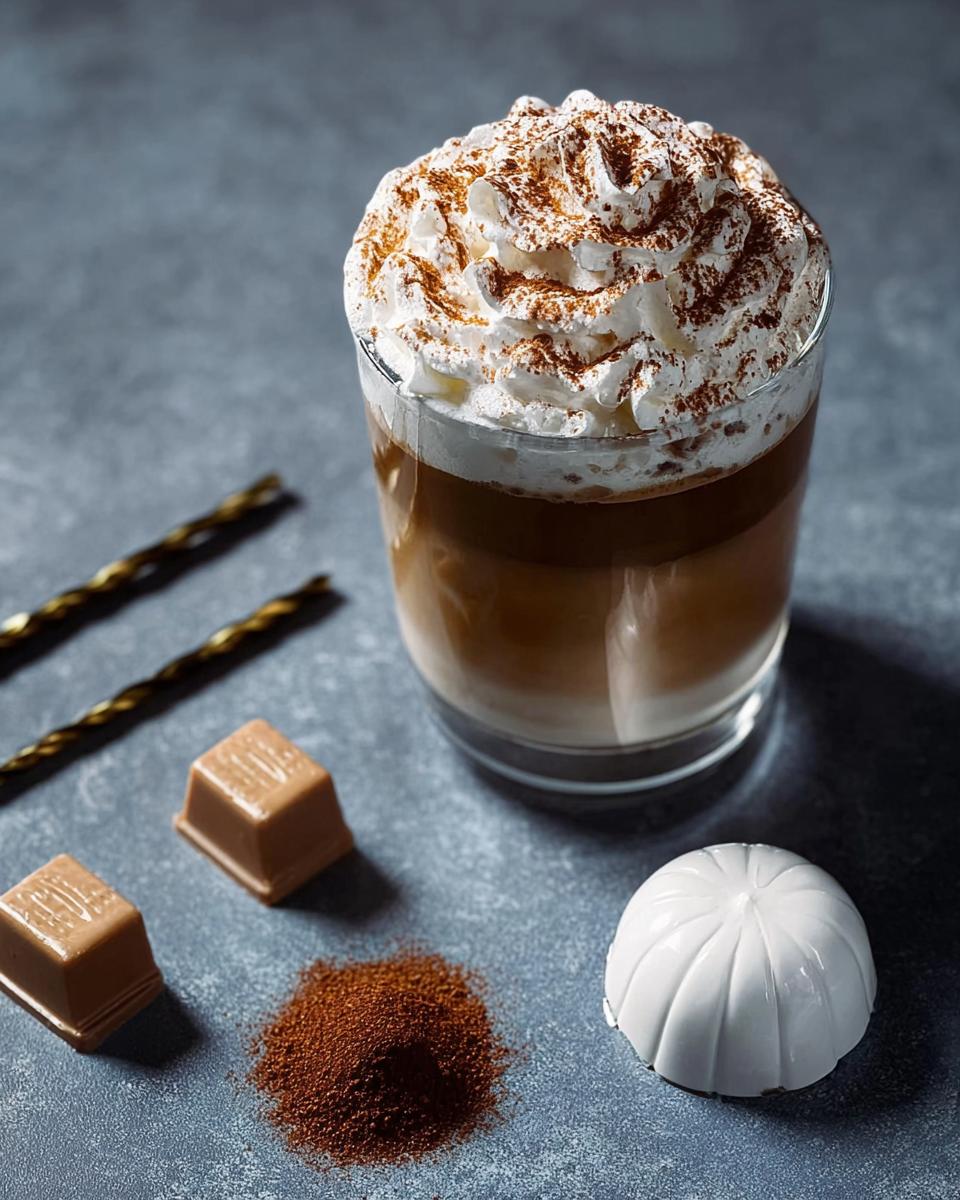 A layered Starbucks drink topped with whipped cream and cocoa powder, with chocolate squares and coffee grounds nearby.