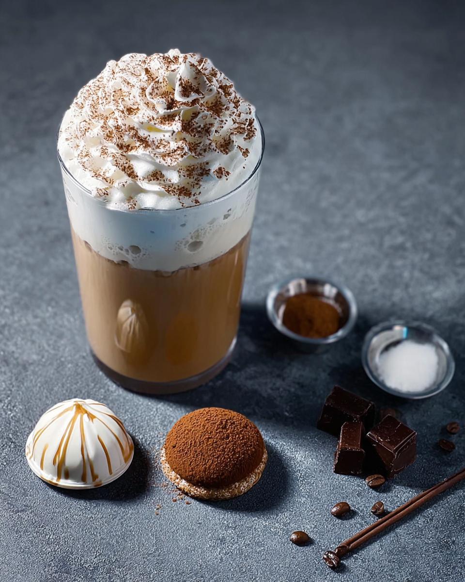 A Starbucks drink topped with whipped cream and cocoa powder, next to pastries, chocolate, and coffee beans.