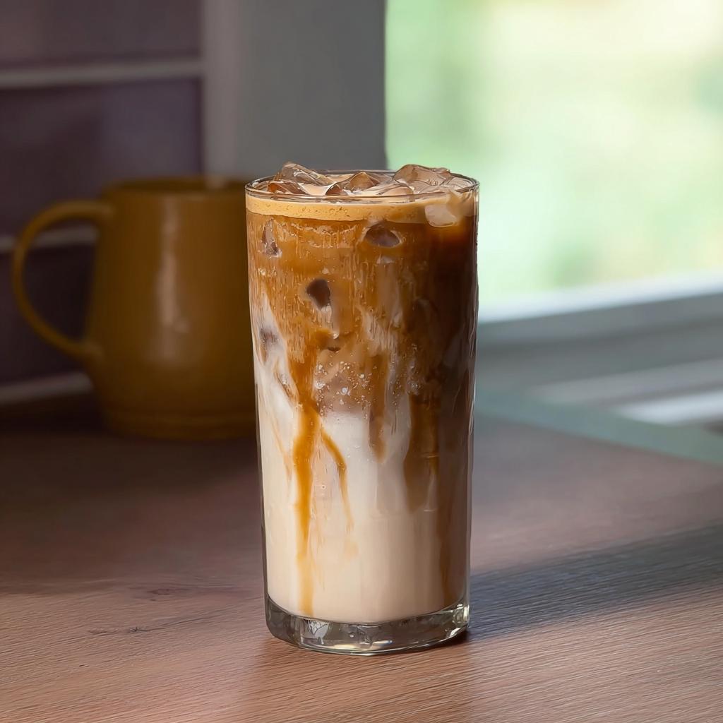 A tall glass of iced caramel macchiato, a popular Starbucks drinks recipe, with layers of milk, espresso, and caramel drizzle.