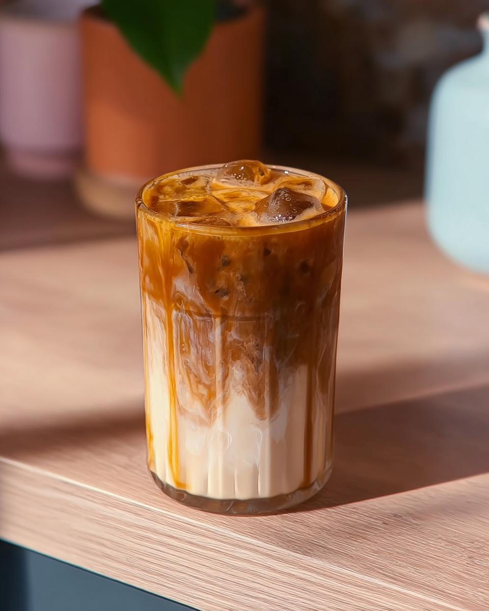 A refreshing Starbucks iced coffee drink with layers of milk and coffee, topped with ice.