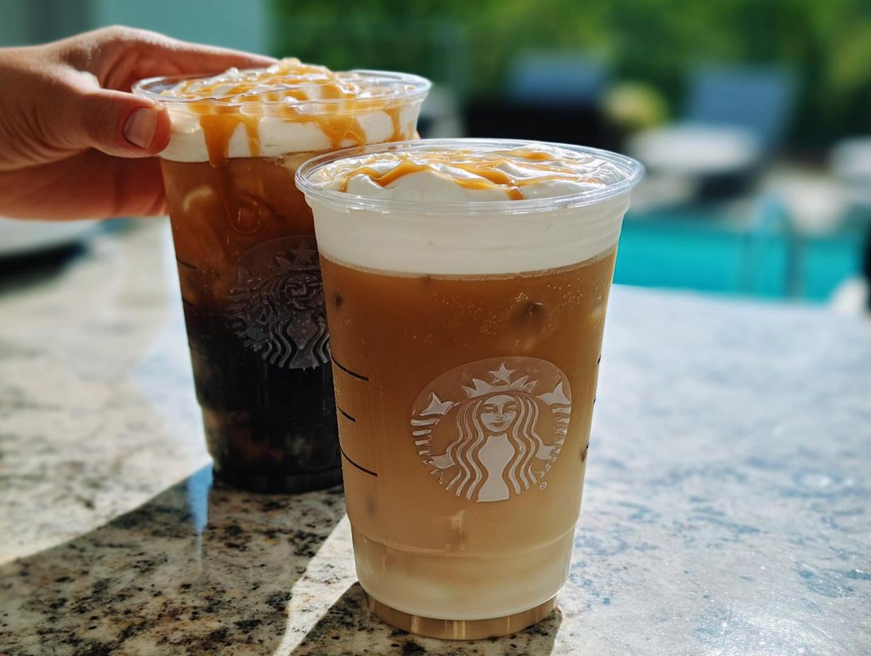 Two Starbucks iced drinks with caramel drizzle and whipped cream, featuring the Starbucks logo.