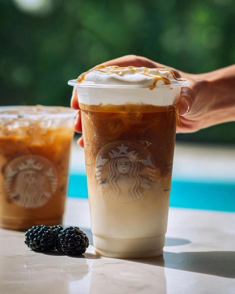 Close-up of a Starbucks iced coffee with whipped cream and caramel drizzle, with blackberries in the foreground.