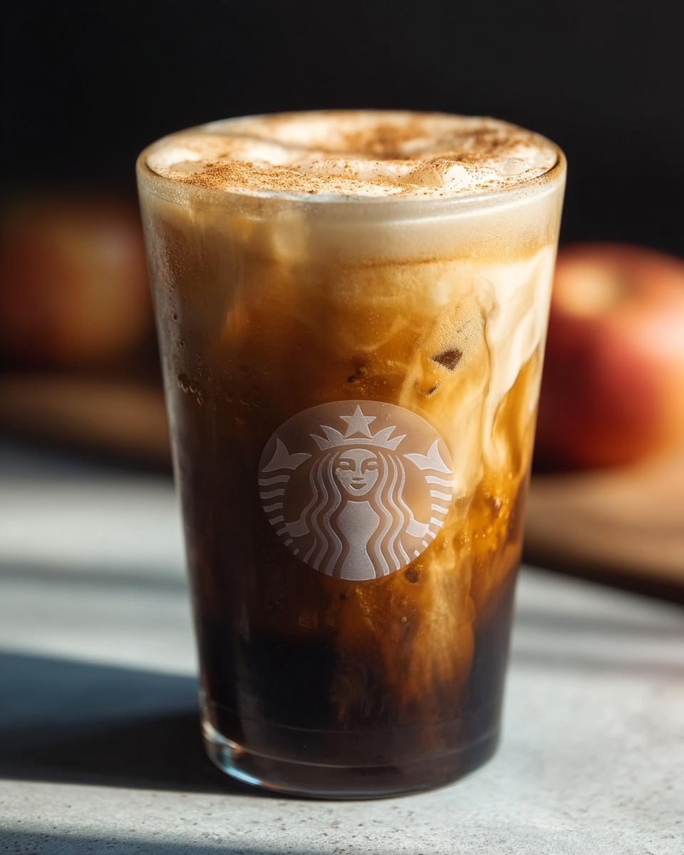 Close-up of a Starbucks iced coffee drink with creamy swirls and cinnamon on top.
