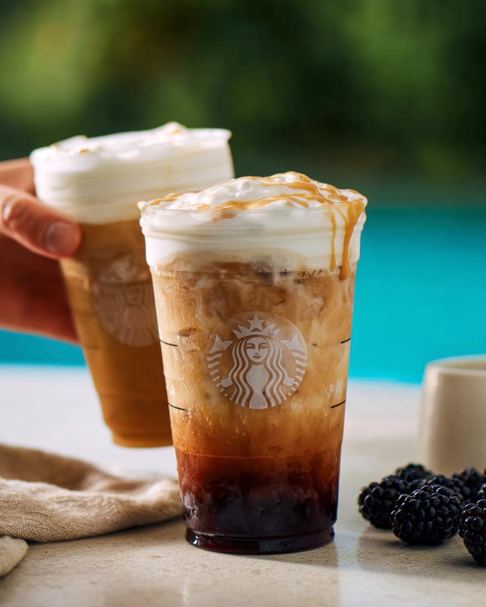 Two iced Starbucks drinks with creamy whipped topping and caramel drizzle, featuring juicy blackberry accents.