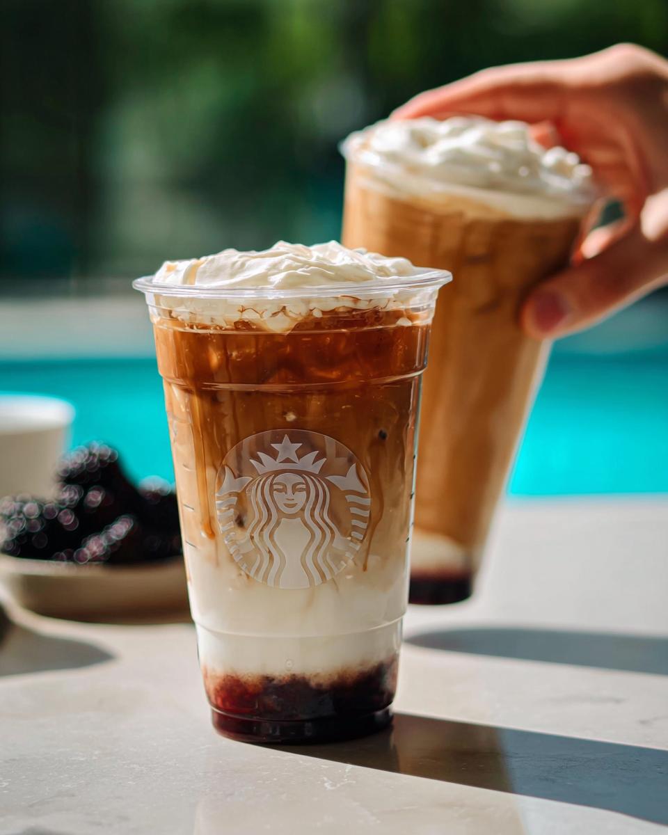 Close-up of a Starbucks iced coffee with layers of cream, coffee, and a berry syrup, topped with whipped cream.