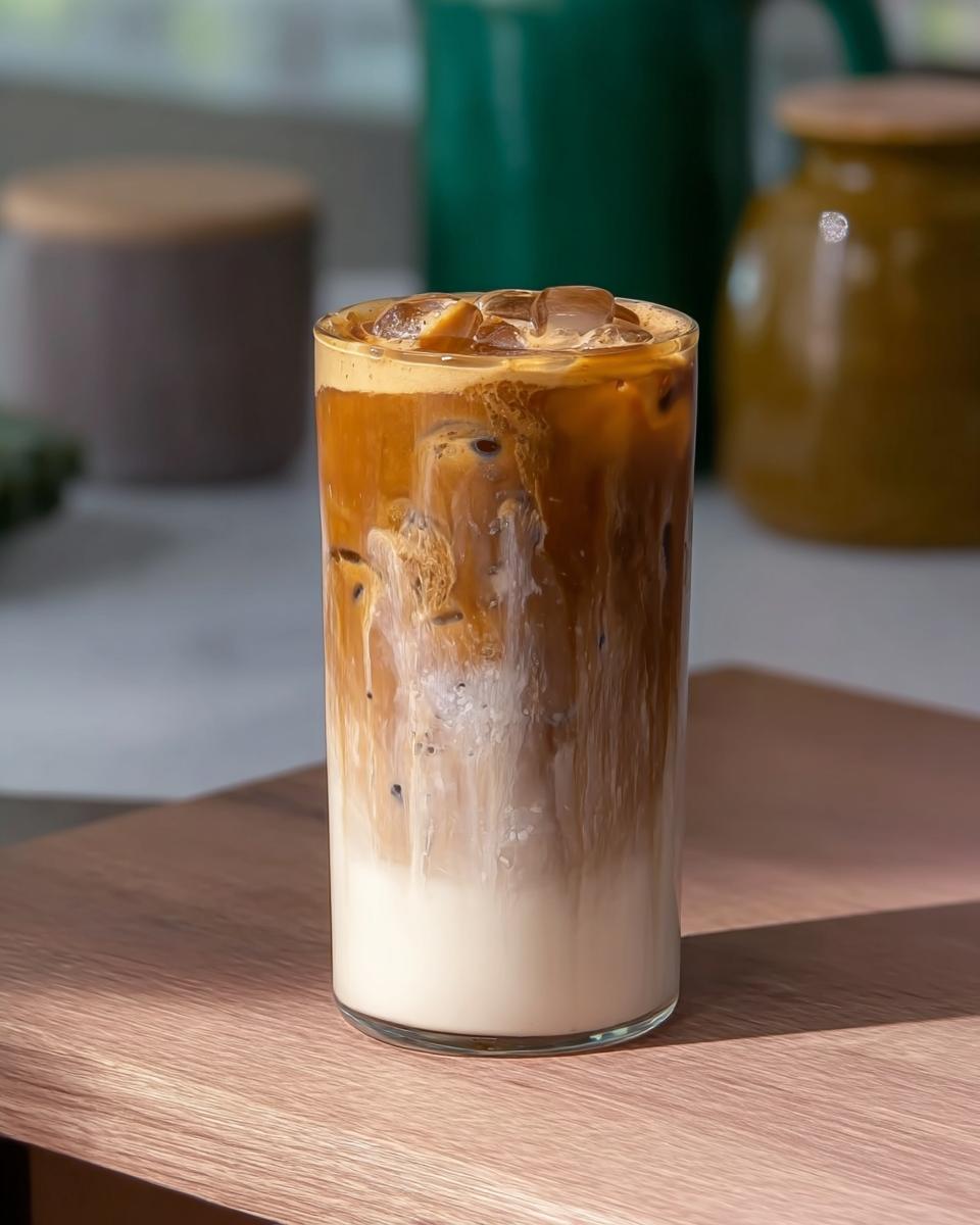 A tall glass of iced coffee with milk and foam, a Starbucks Drinks Recipe Everyone Asks For.
