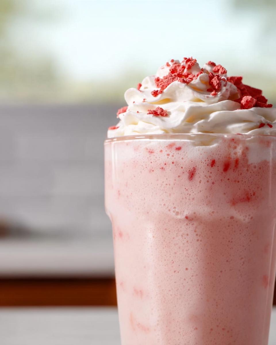 Close-up of a pink Starbucks drink topped with whipped cream and red sprinkles.