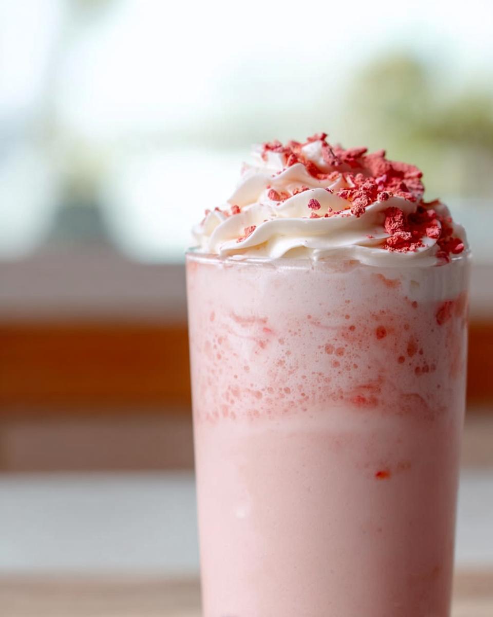 A close-up of a pink Starbucks drink topped with whipped cream and red sprinkles.