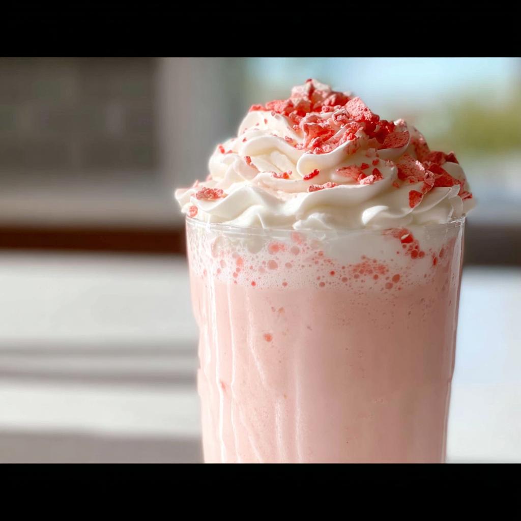 A refreshing pink strawberry Starbucks drink topped with whipped cream and strawberry crumbles, perfect for a quick weeknight treat.