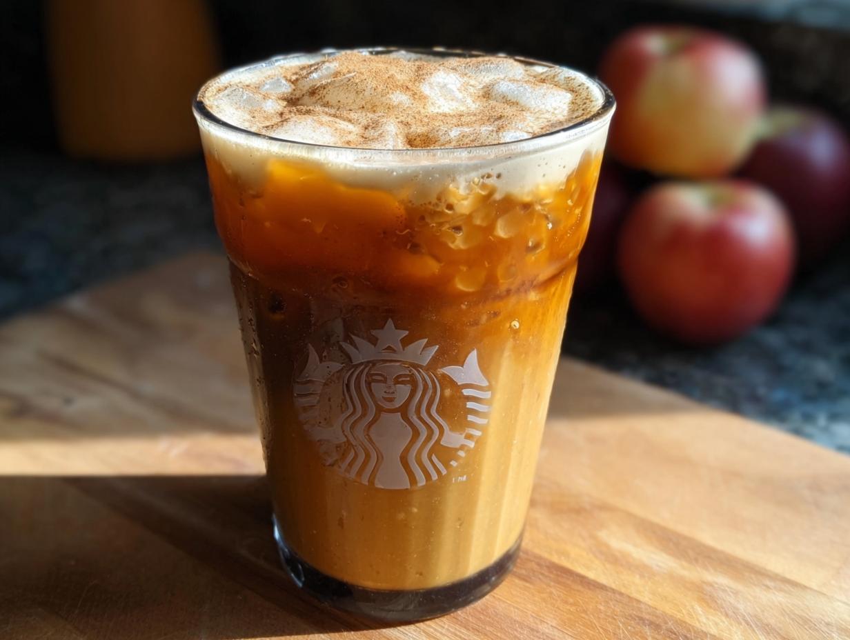 A Starbucks Pumpkin Spice Latte with ice and cinnamon topping, in a Starbucks branded glass.