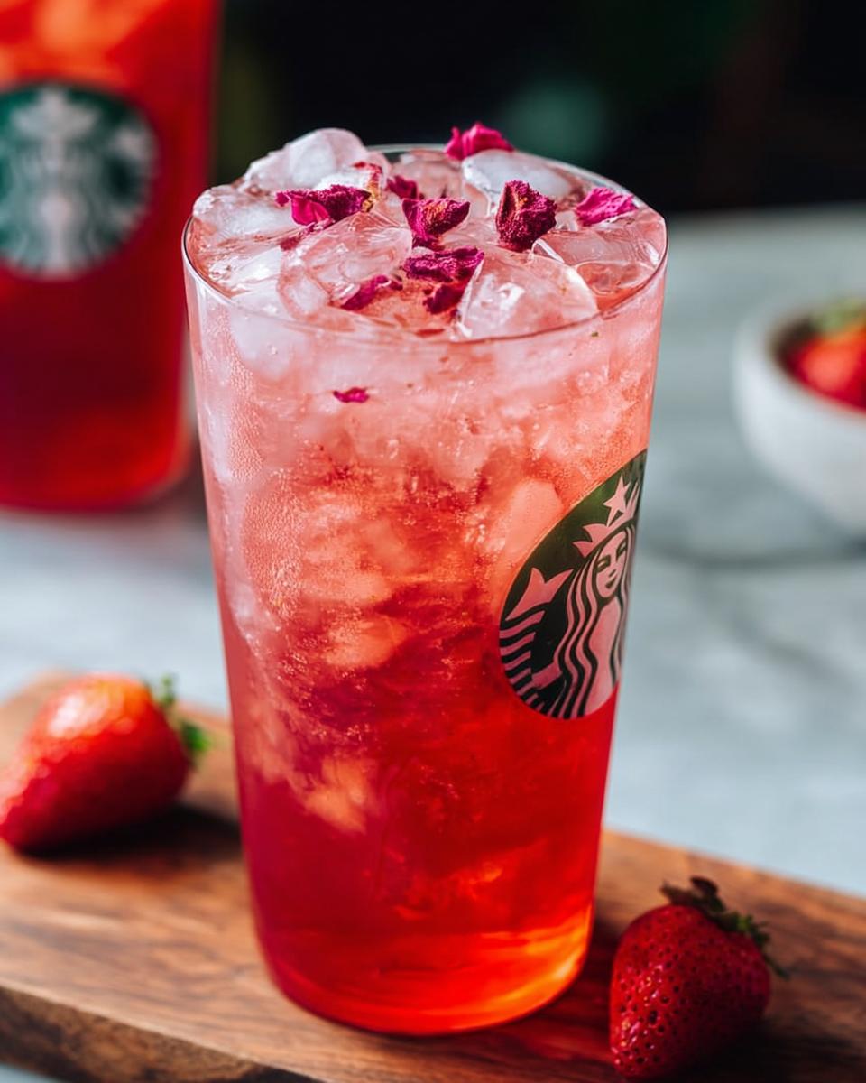 A refreshing strawberry drink with ice and rose petals, in a Starbucks cup, perfect for Restaurant-Style Starbucks Drinks at Home.