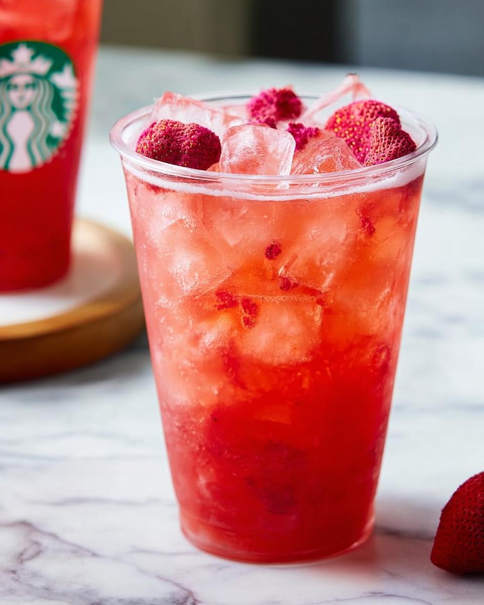 Close-up of a refreshing strawberry Starbucks drink at home, complete with ice, fruit pieces, and a Starbucks cup in the background.