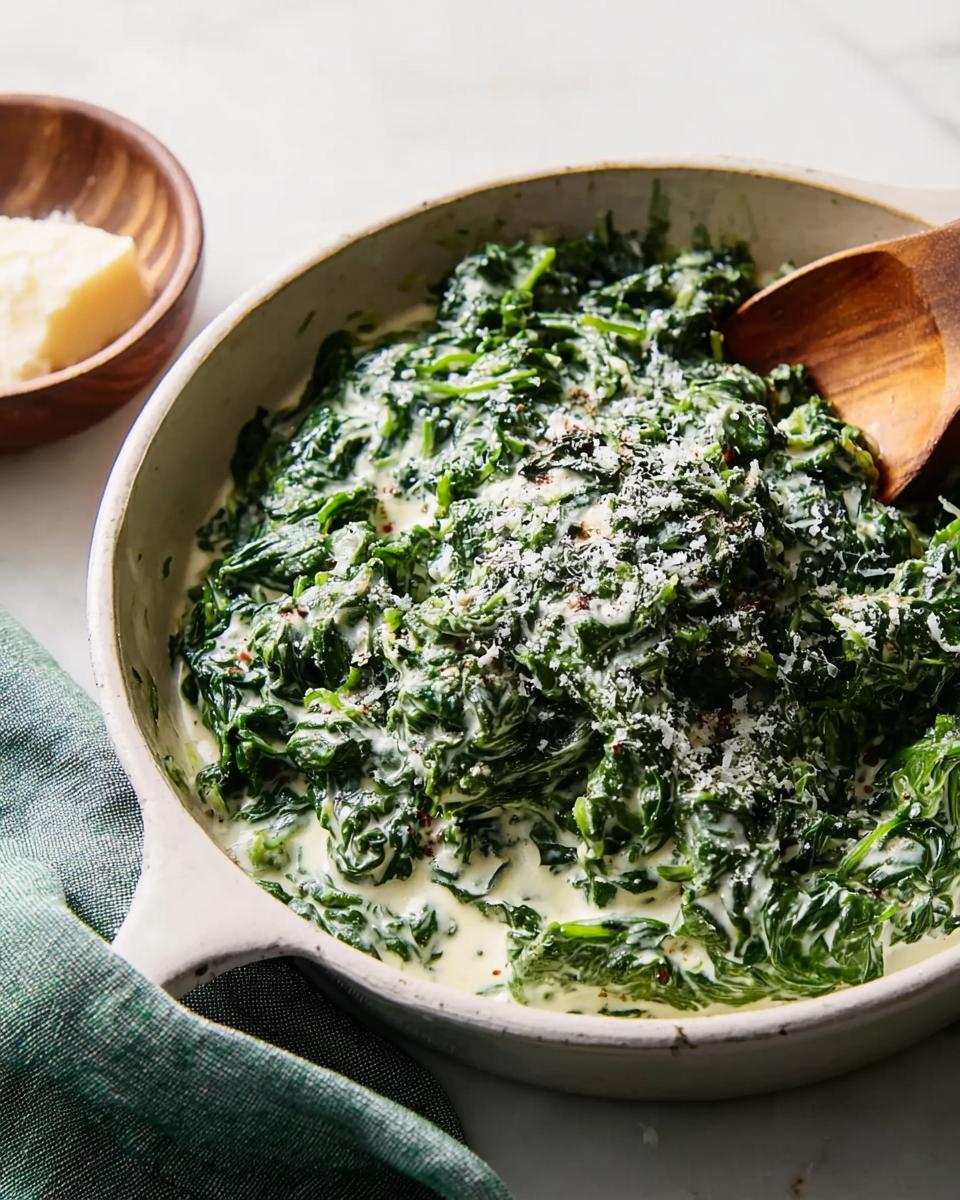 Close-up of rich, creamy Creamed Spinach (Steakhouse Style) topped with grated Parmesan cheese in a white serving dish.