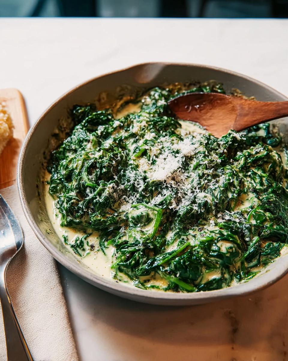 A close-up of rich, green Creamed Spinach (Steakhouse Style) topped with grated cheese and pepper in a ceramic bowl.