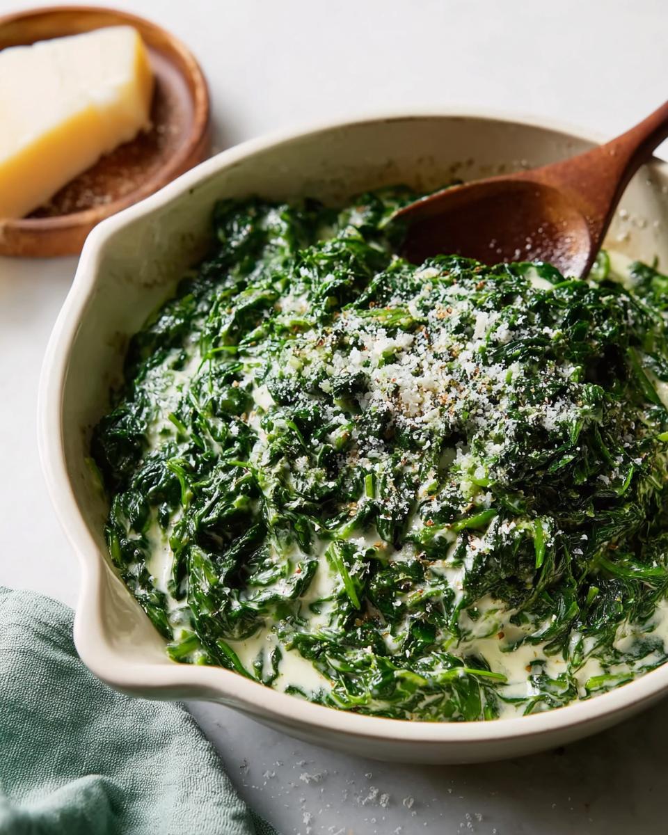 A close-up of rich, creamy Creamed Spinach topped with grated cheese and pepper in a light-colored bowl.