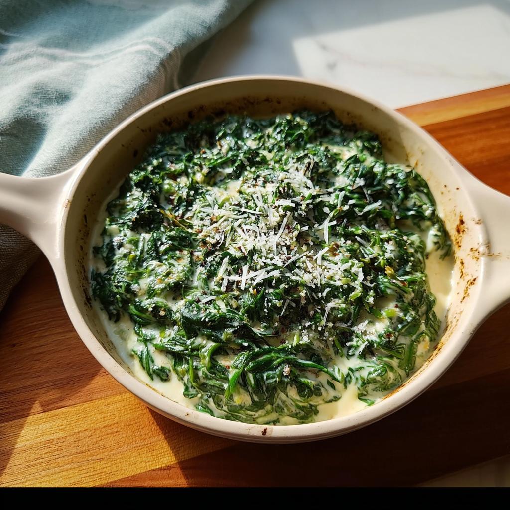 A creamy, rich serving of steakhouse style Creamed Spinach topped with grated cheese in a small baking dish.