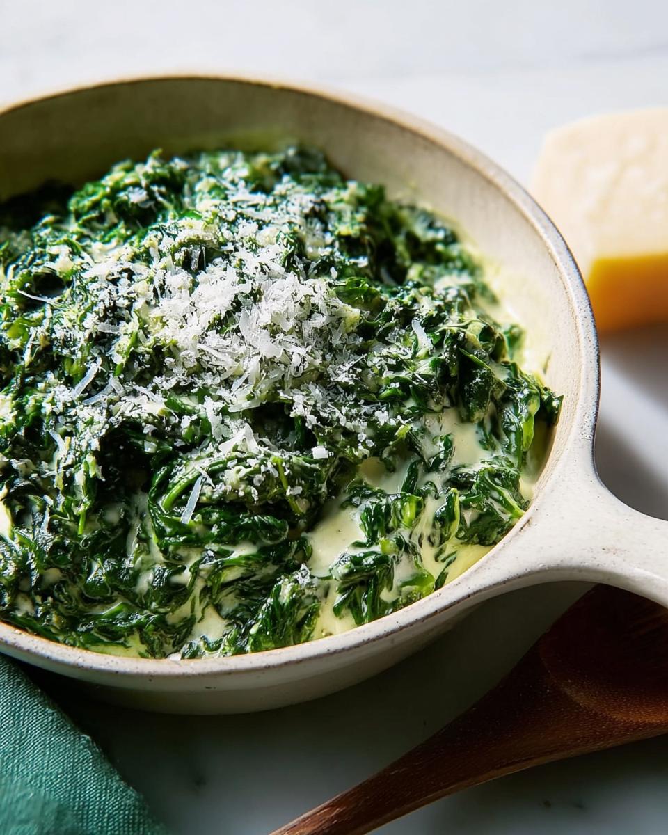 A close-up of rich, vibrant Creamed Spinach (Steakhouse Style) topped with grated Parmesan cheese in a light-colored serving dish.
