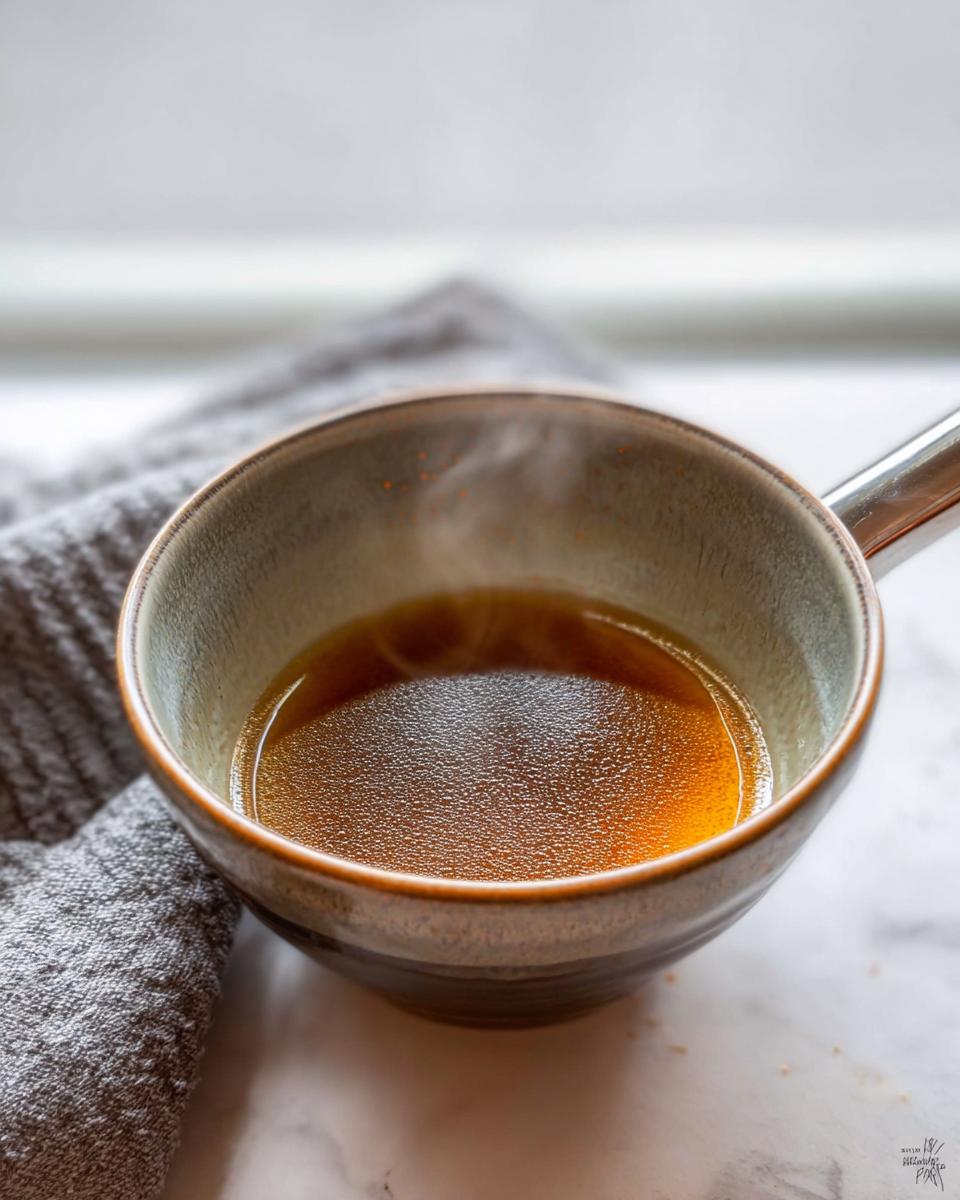 Close-up of steaming, rich brown liquid in a small ceramic pot, representing the Best Homemade Au Jus Recipe.