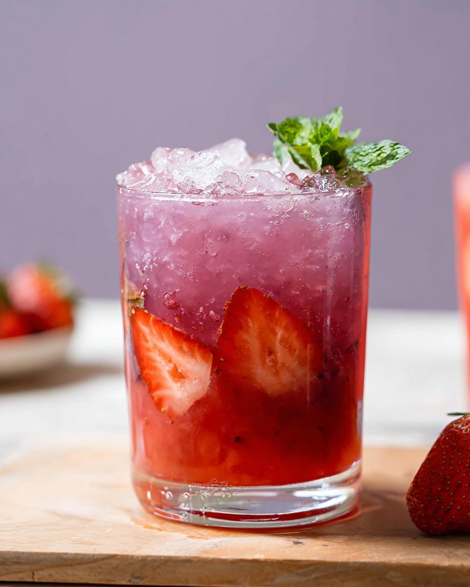 Close-up of a glass filled with a layered Strawberry Açaí Refresher Copycat, topped with crushed ice and mint.
