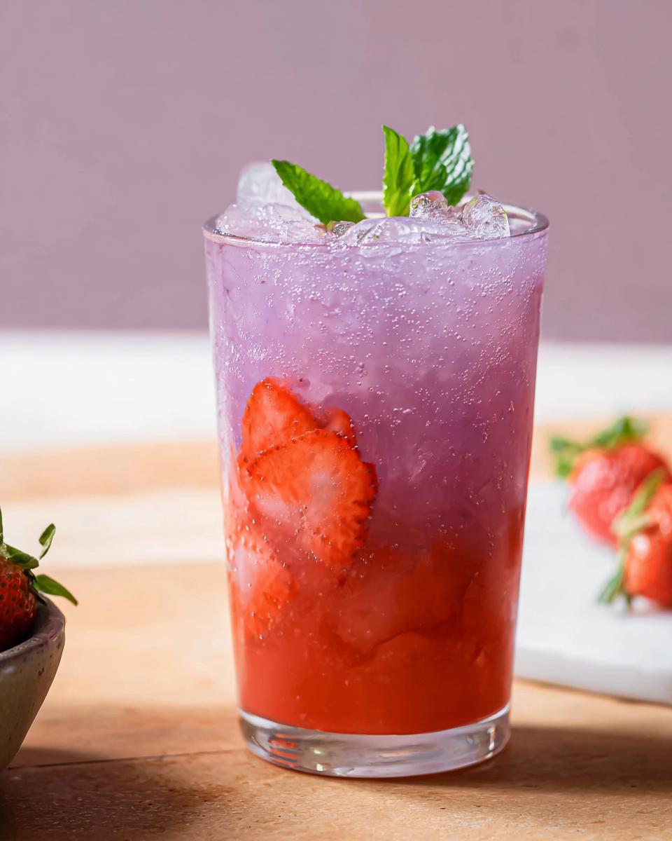 Close-up of a tall glass containing a layered Strawberry Açaí Refresher Copycat with crushed ice, strawberry slices, and mint garnish.