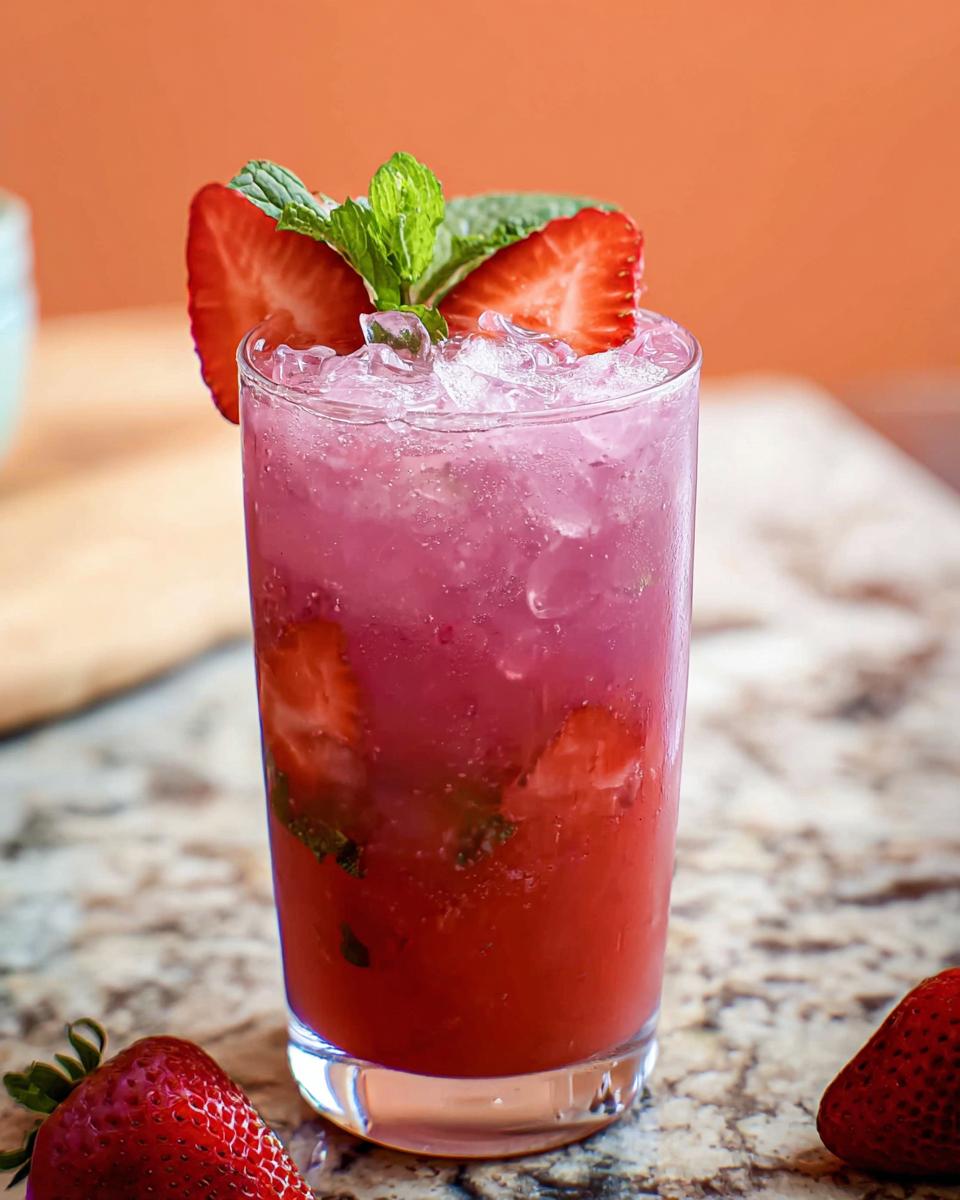 A tall glass filled with a vibrant pink Strawberry Açaí Refresher Copycat, topped with crushed ice, mint, and strawberry slices.