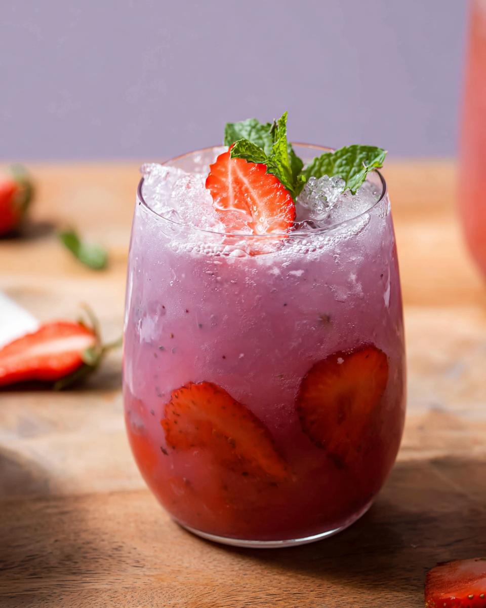A vibrant glass of Strawberry Açaí Refresher Copycat, topped with ice, mint, and a strawberry slice.
