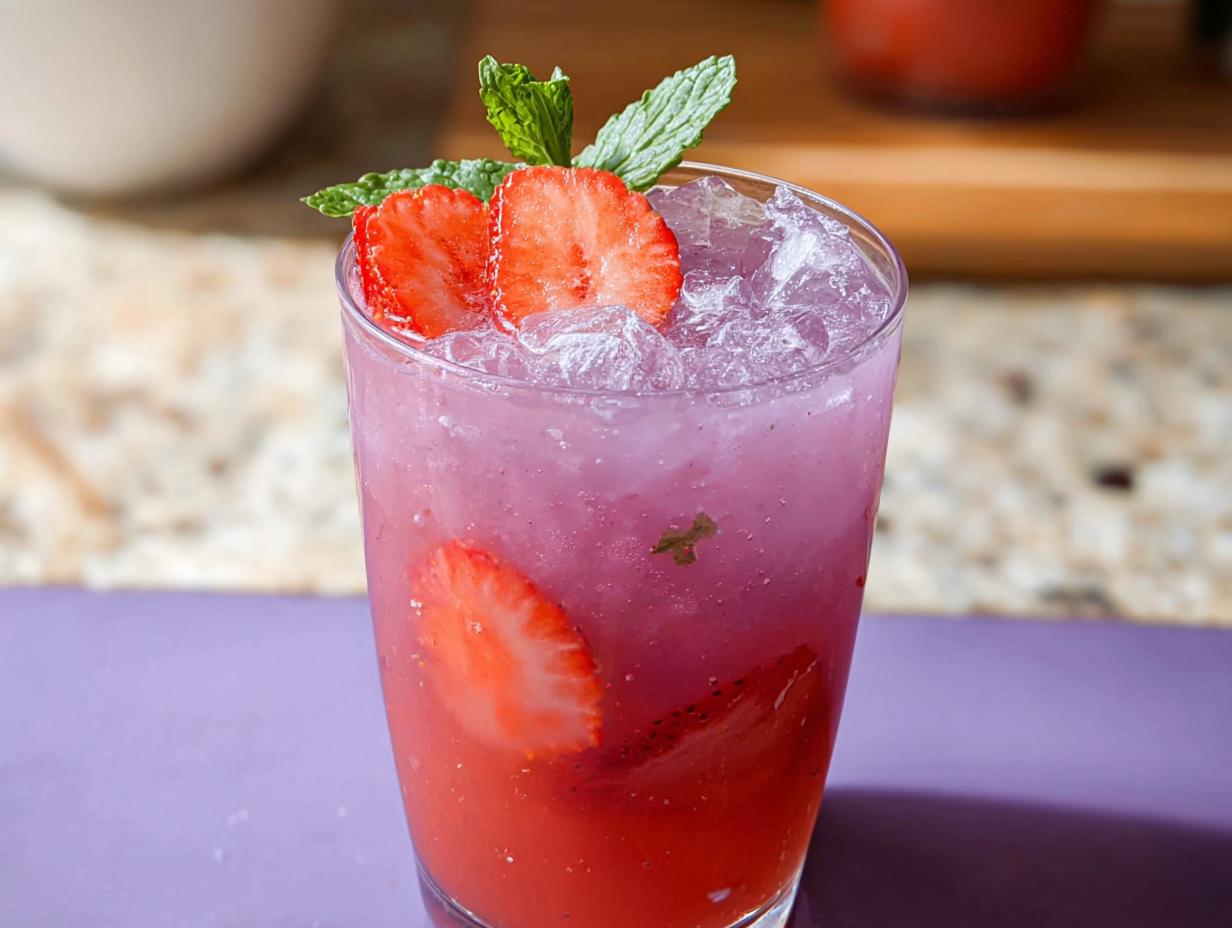 Close-up of a glass filled with the Strawberry Açaí Refresher Copycat, layered pink and purple liquid, ice, and garnished with fresh strawberry slices and mint.