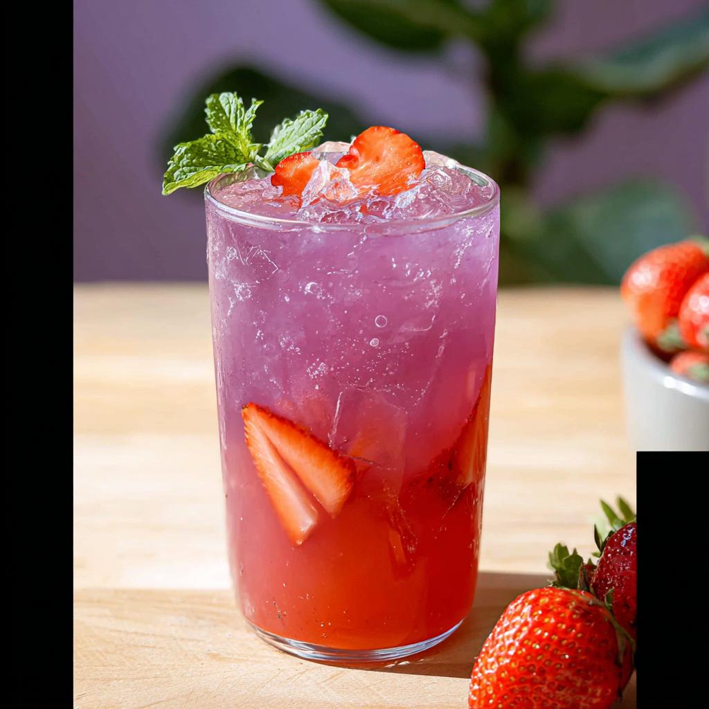 A tall glass filled with a layered, refreshing Strawberry Açaí Refresher Copycat, garnished with mint and fresh strawberries.