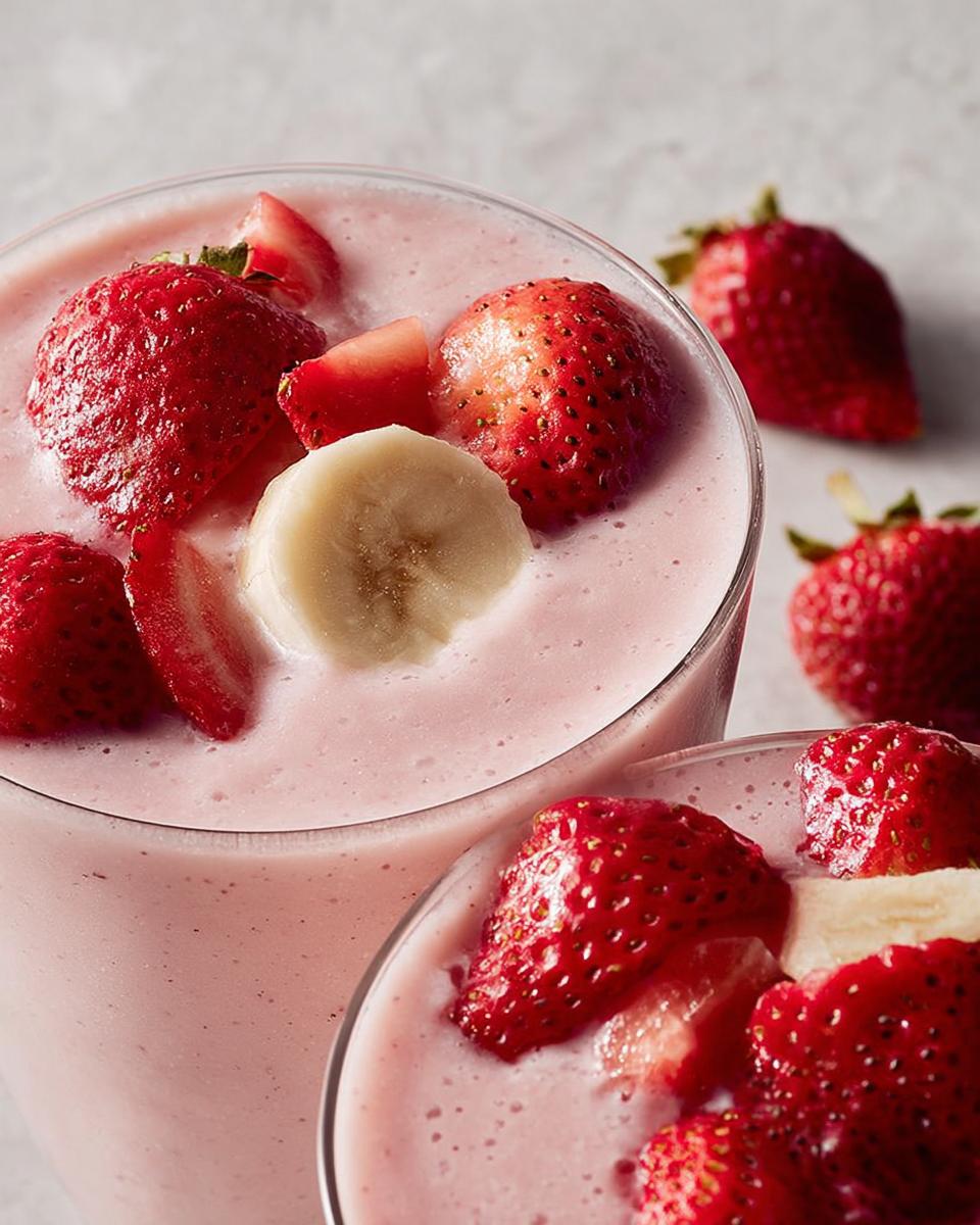Close-up of a creamy pink Strawberry Banana Smoothie topped with fresh strawberry slices and banana pieces.